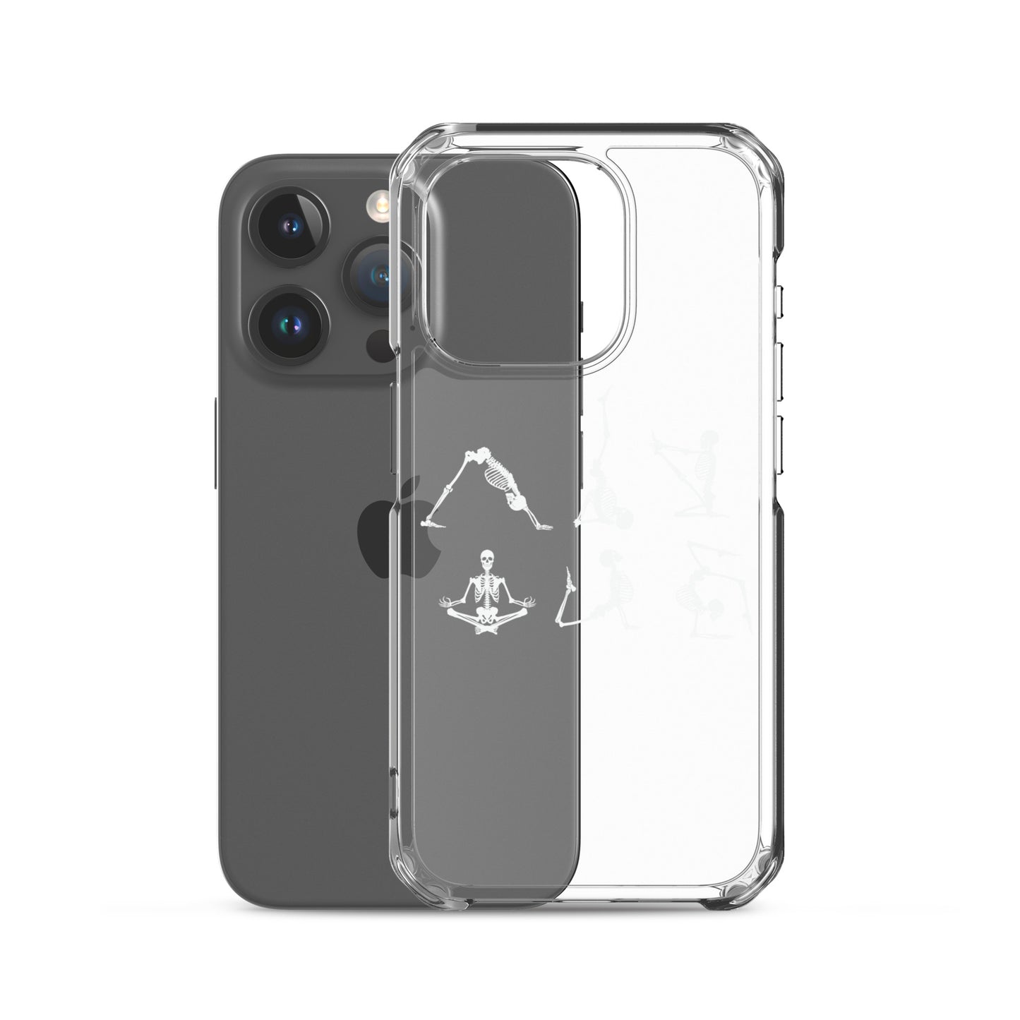 Skeletons doing yoga on a clear case for iPhone