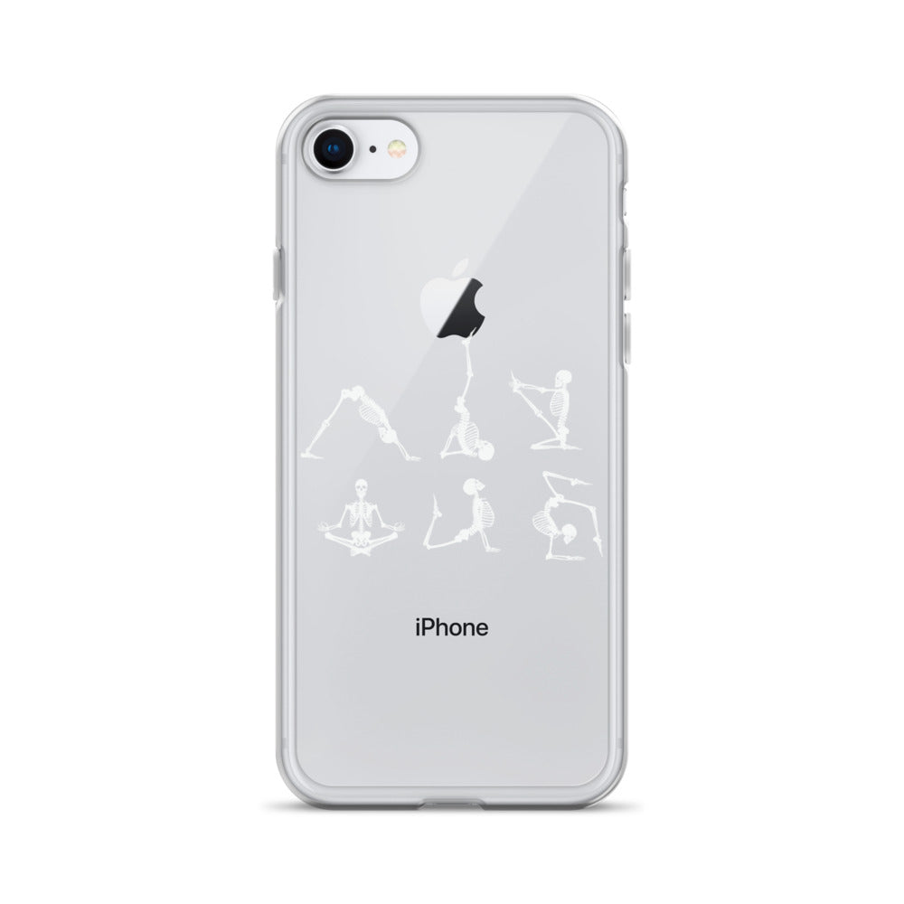 Skeletons doing yoga on a clear case for iPhone