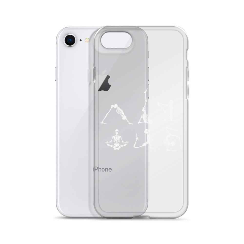 Skeletons doing yoga on a clear case for iPhone