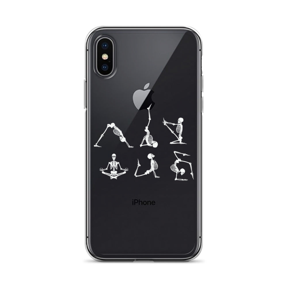 Skeletons doing yoga on a clear case for iPhone