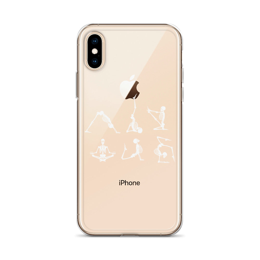 Skeletons doing yoga on a clear case for iPhone