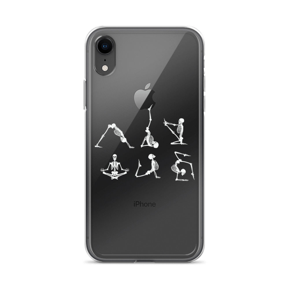 Skeletons doing yoga on a clear case for iPhone