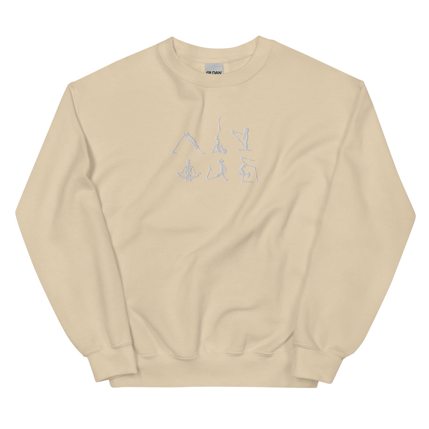 Embroidered skeletons doing yoga crewneck